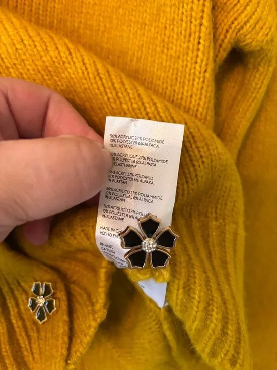 Maeve By Anthropologie Mustard Cardigan With Lace Collar Floral Buttons Size M - Picture 9 of 14